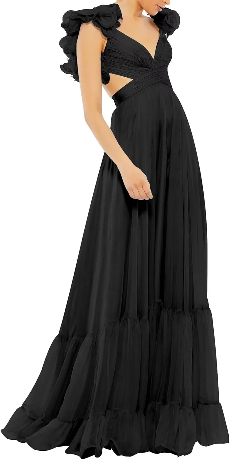 V Neck Chiffon Prom Dresses Women's Ruffles Flower Spaghetti Strap Ball Gowns A Line Formal Evening Gowns for Teens