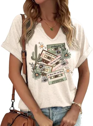 Vintage Rock Band T Shirt for Women Fashion Musical Tees Casual Sexy Notched V-Neck T Shirts Country Music Short Sleeve Tees