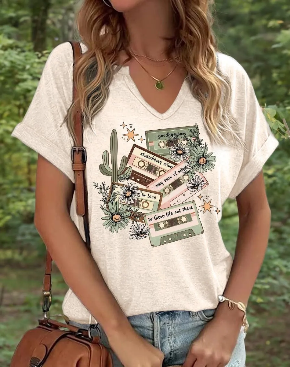 Vintage Rock Band T Shirt for Women Fashion Musical Tees Casual Sexy Notched V-Neck T Shirts Country Music Short Sleeve Tees