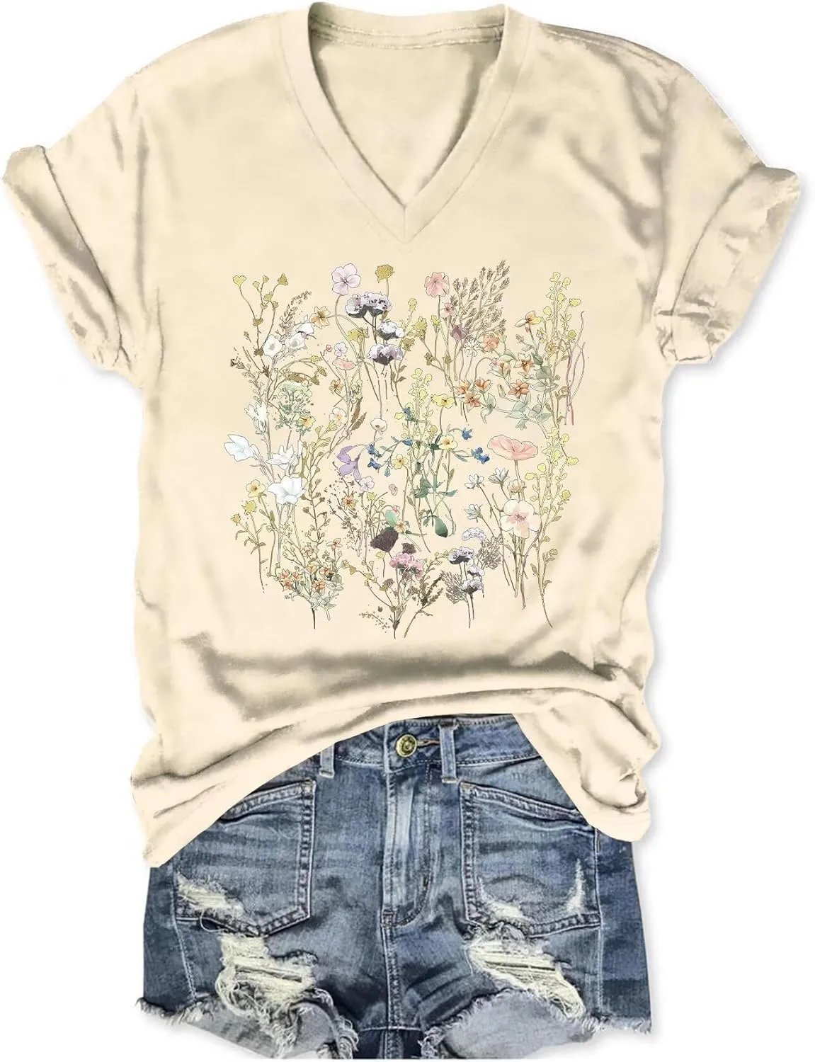 Vintage Wildflowers Graphic Shirt Women's Casual Holiday Short Sleeved T-Shirt Boho Floral Printed Tee Fall Tops