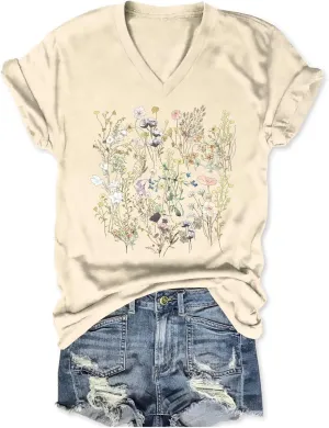 Vintage Wildflowers Graphic Shirt Women's Casual Holiday Short Sleeved T-Shirt Boho Floral Printed Tee Fall Tops