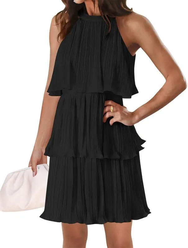 VIVICOLOR Womens 2024 Halter Sleeveless Ruffle Tiered Layered Chiffon Pleated Dresses Mock Neck A Line Swing Mini Dress, Large