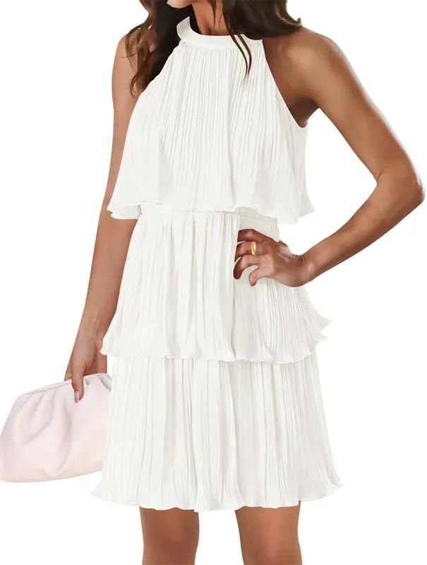 VIVICOLOR Womens 2024 Halter Sleeveless Ruffle Tiered Layered Chiffon Pleated Dresses Mock Neck A Line Swing Mini Dress, Medium
