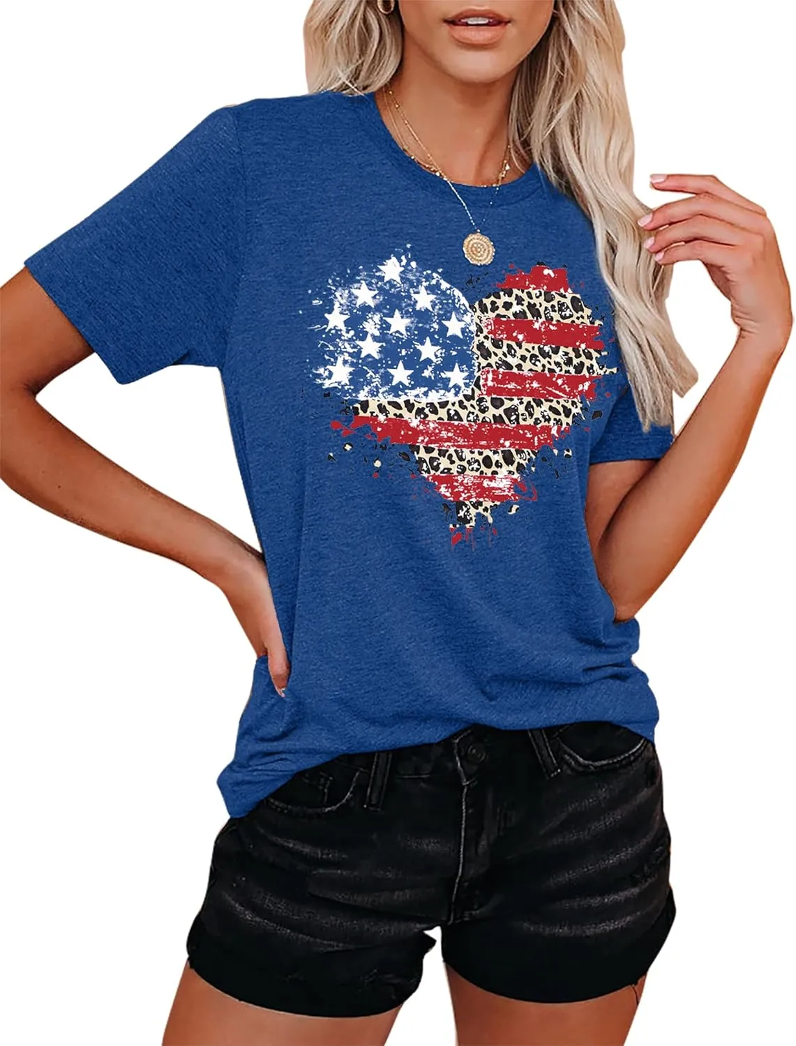VVNTY American Flag Heart Shirt Women Patriotic T-Shirt 4th of July Graphic Tees Shirts USA Flag Star Stripe Tops