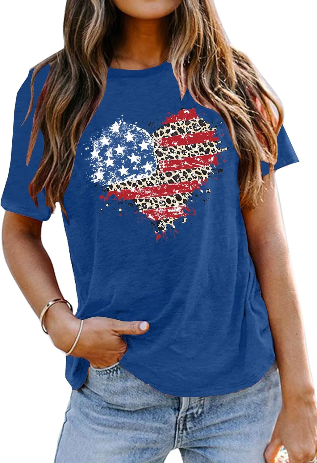 VVNTY American Flag Heart Shirt Women Patriotic T-Shirt 4th of July Graphic Tees Shirts USA Flag Star Stripe Tops