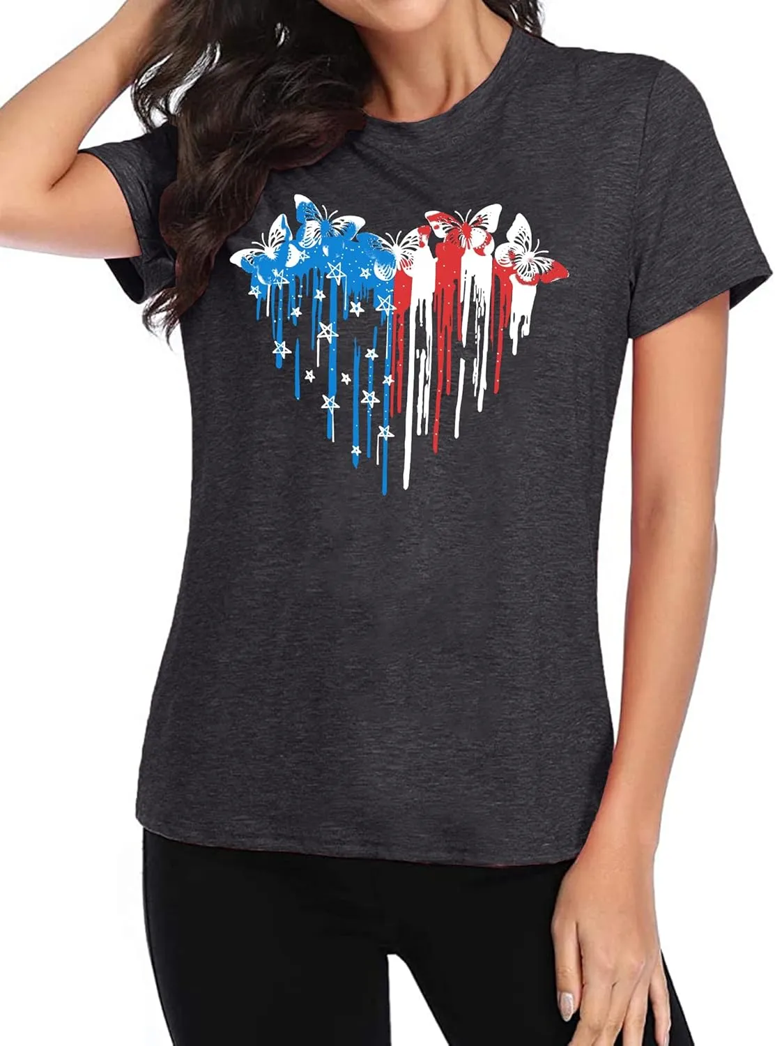 VVNTY American Flag Heart Shirt Women Patriotic T-Shirt 4th of July Graphic Tees Shirts USA Flag Star Stripe Tops