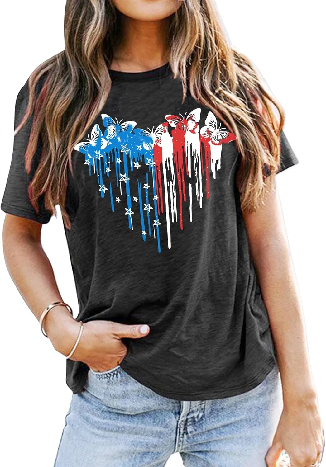 VVNTY American Flag Heart Shirt Women Patriotic T-Shirt 4th of July Graphic Tees Shirts USA Flag Star Stripe Tops