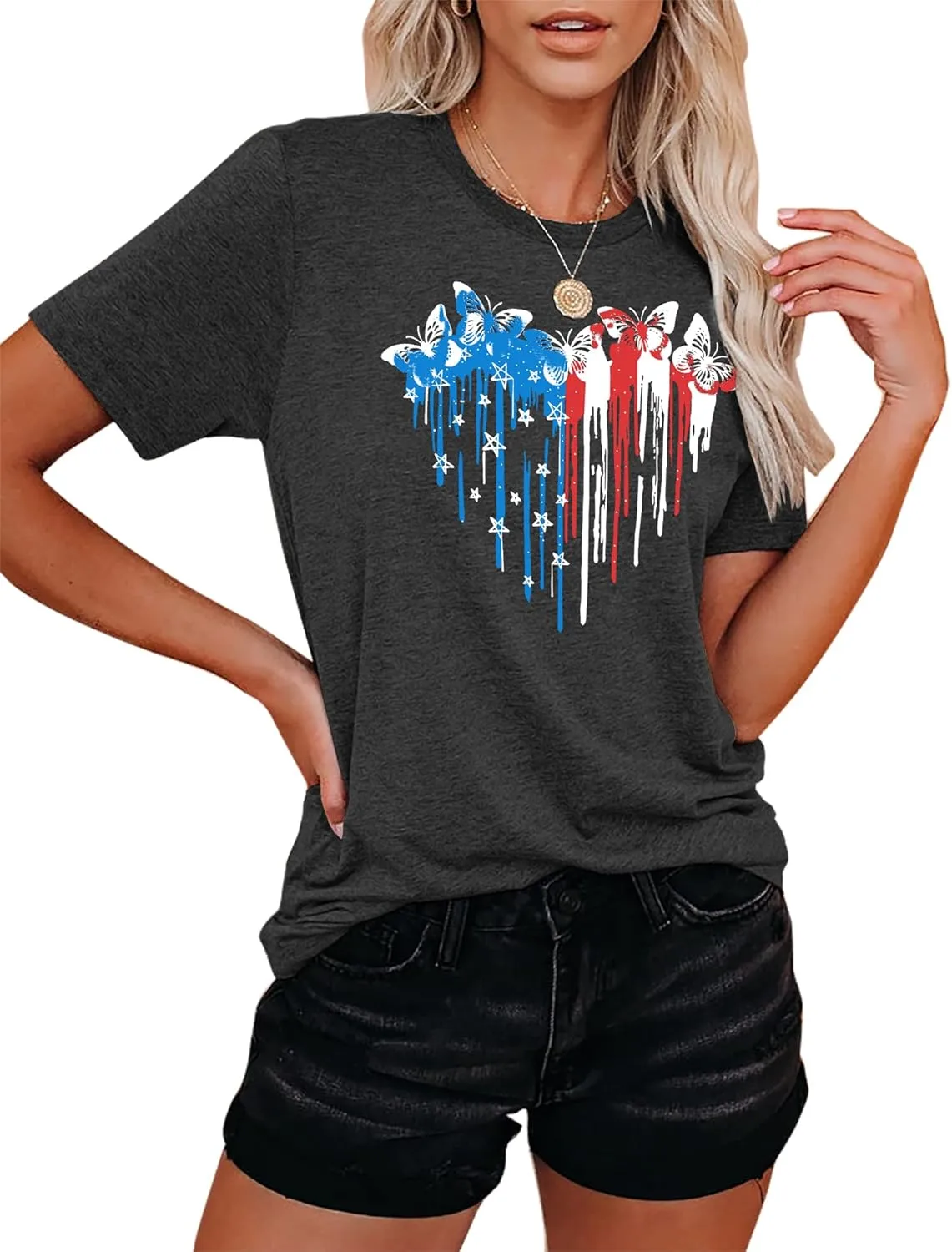 VVNTY American Flag Heart Shirt Women Patriotic T-Shirt 4th of July Graphic Tees Shirts USA Flag Star Stripe Tops