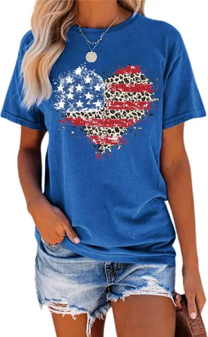 VVNTY American Flag Heart Shirt Women Patriotic T-Shirt 4th of July Graphic Tees Shirts USA Flag Star Stripe Tops