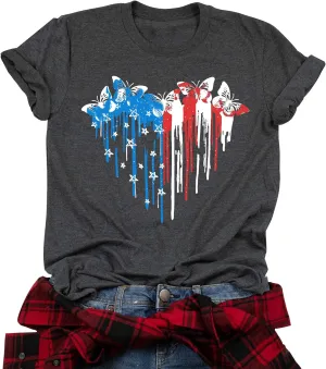VVNTY American Flag Heart Shirt Women Patriotic T-Shirt 4th of July Graphic Tees Shirts USA Flag Star Stripe Tops
