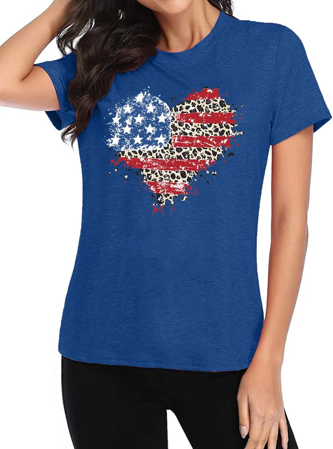 VVNTY American Flag Heart Shirt Women Patriotic T-Shirt 4th of July Graphic Tees Shirts USA Flag Star Stripe Tops
