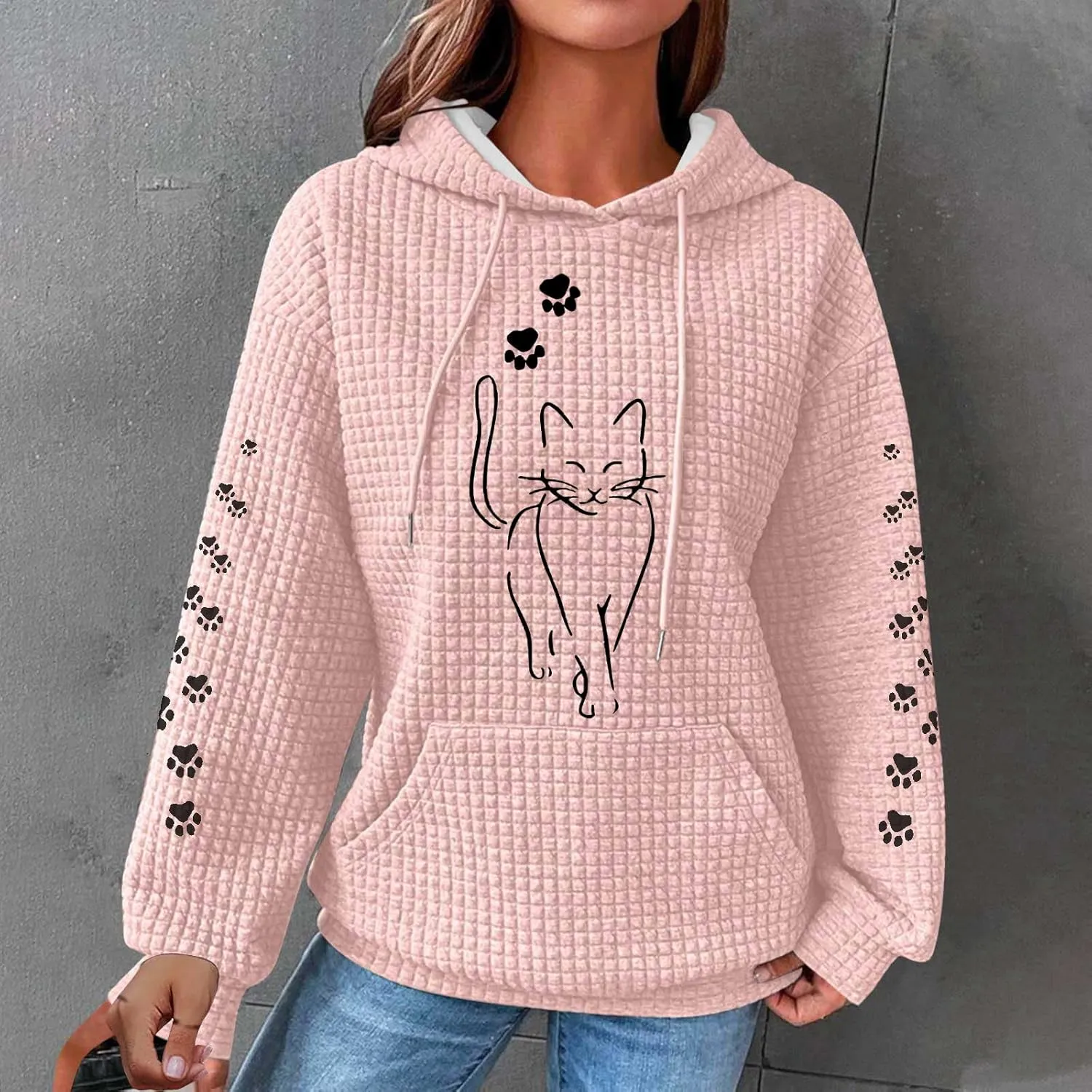 Waffle Knit Hoodies for Women Cute Cat Print Long Sleeve Drawstring Sweatshirt Trendy Loose Fall Pullover Tops with Pocket
