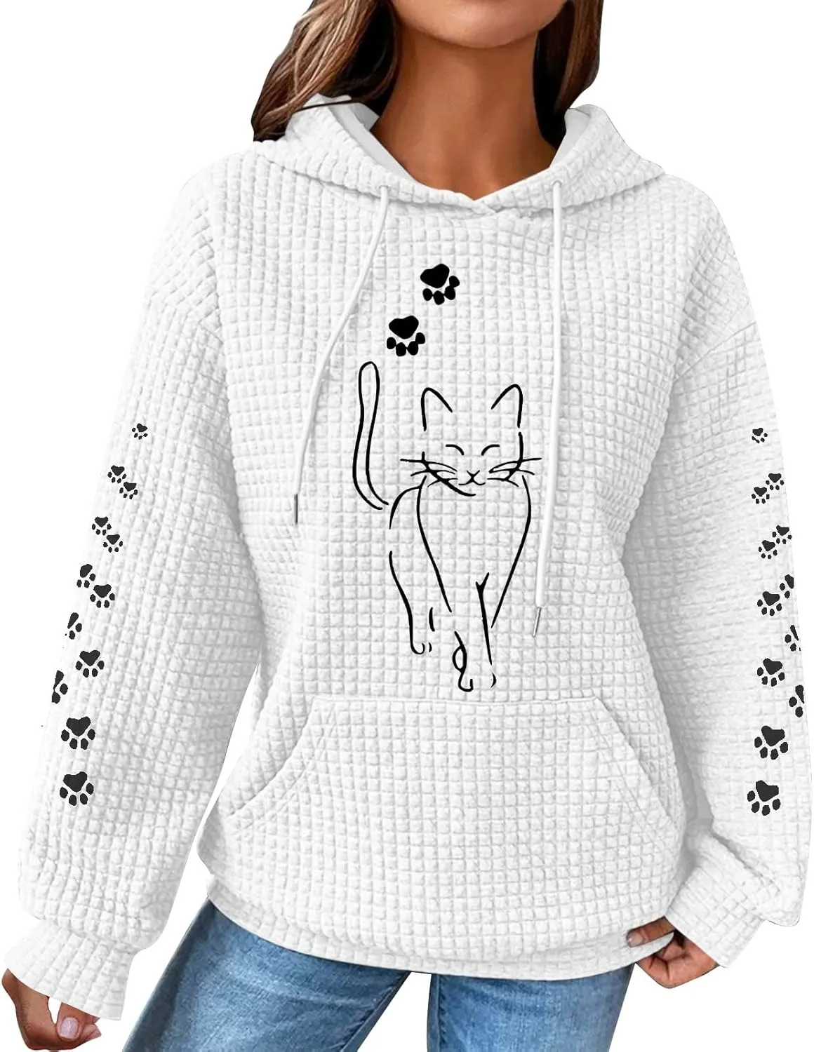 Waffle Knit Hoodies for Women Cute Cat Print Long Sleeve Drawstring Sweatshirt Trendy Loose Fall Pullover Tops with Pocket