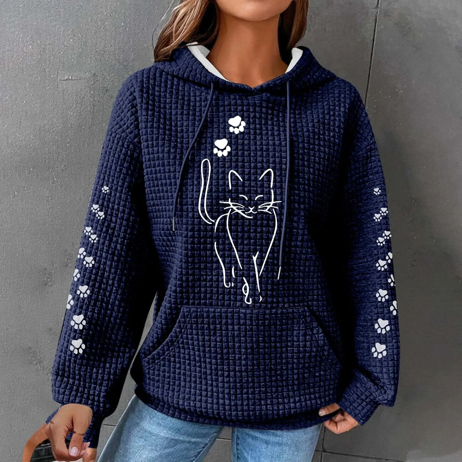 Waffle Knit Hoodies for Women Cute Cat Print Long Sleeve Drawstring Sweatshirt Trendy Loose Fall Pullover Tops with Pocket