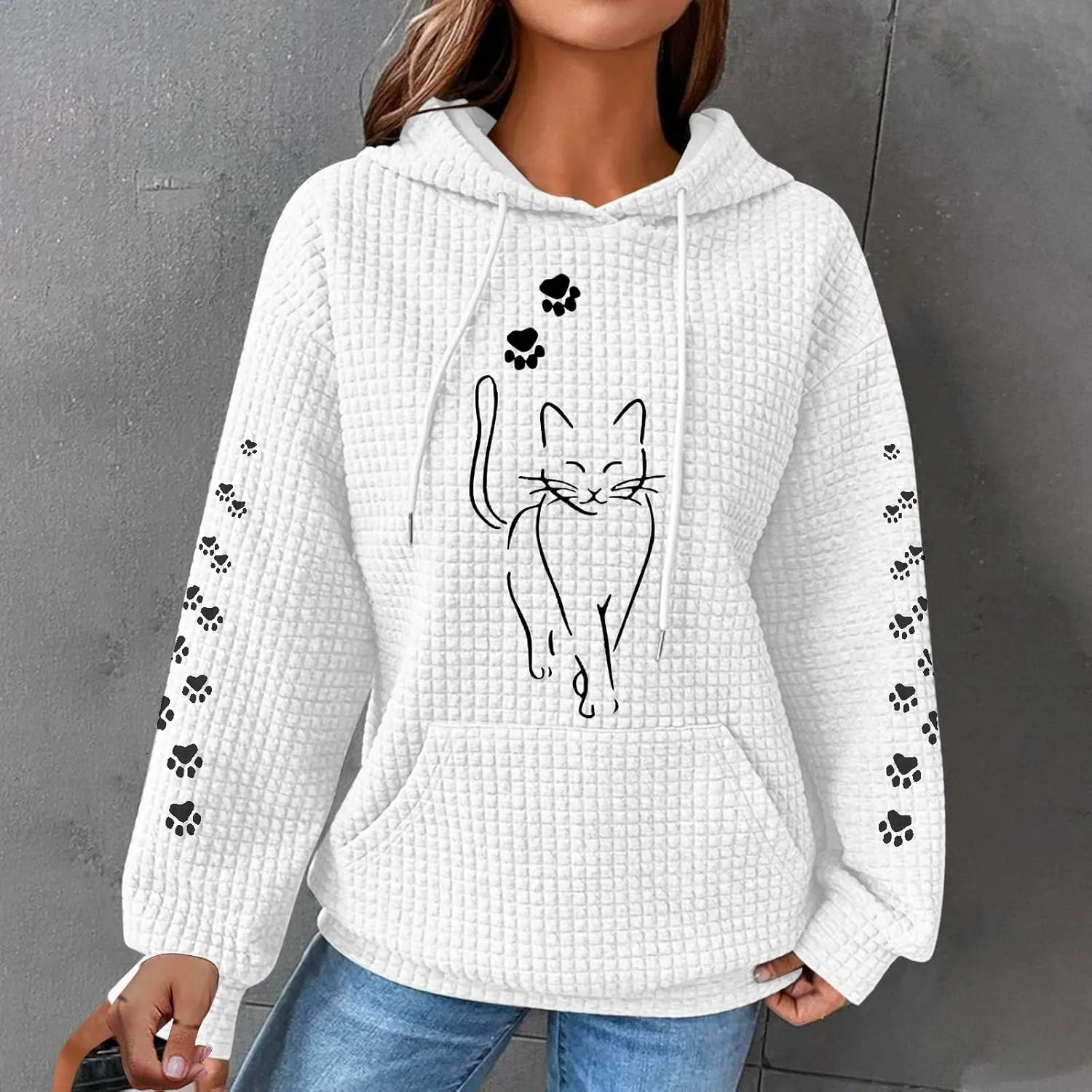 Waffle Knit Hoodies for Women Cute Cat Print Long Sleeve Drawstring Sweatshirt Trendy Loose Fall Pullover Tops with Pocket