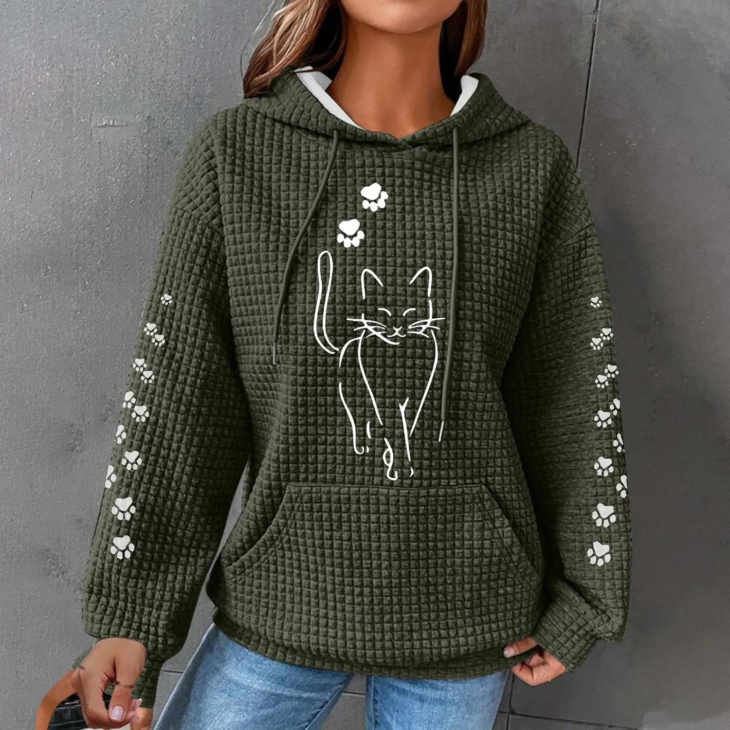 Waffle Knit Hoodies for Women Cute Cat Print Long Sleeve Drawstring Sweatshirt Trendy Loose Fall Pullover Tops with Pocket