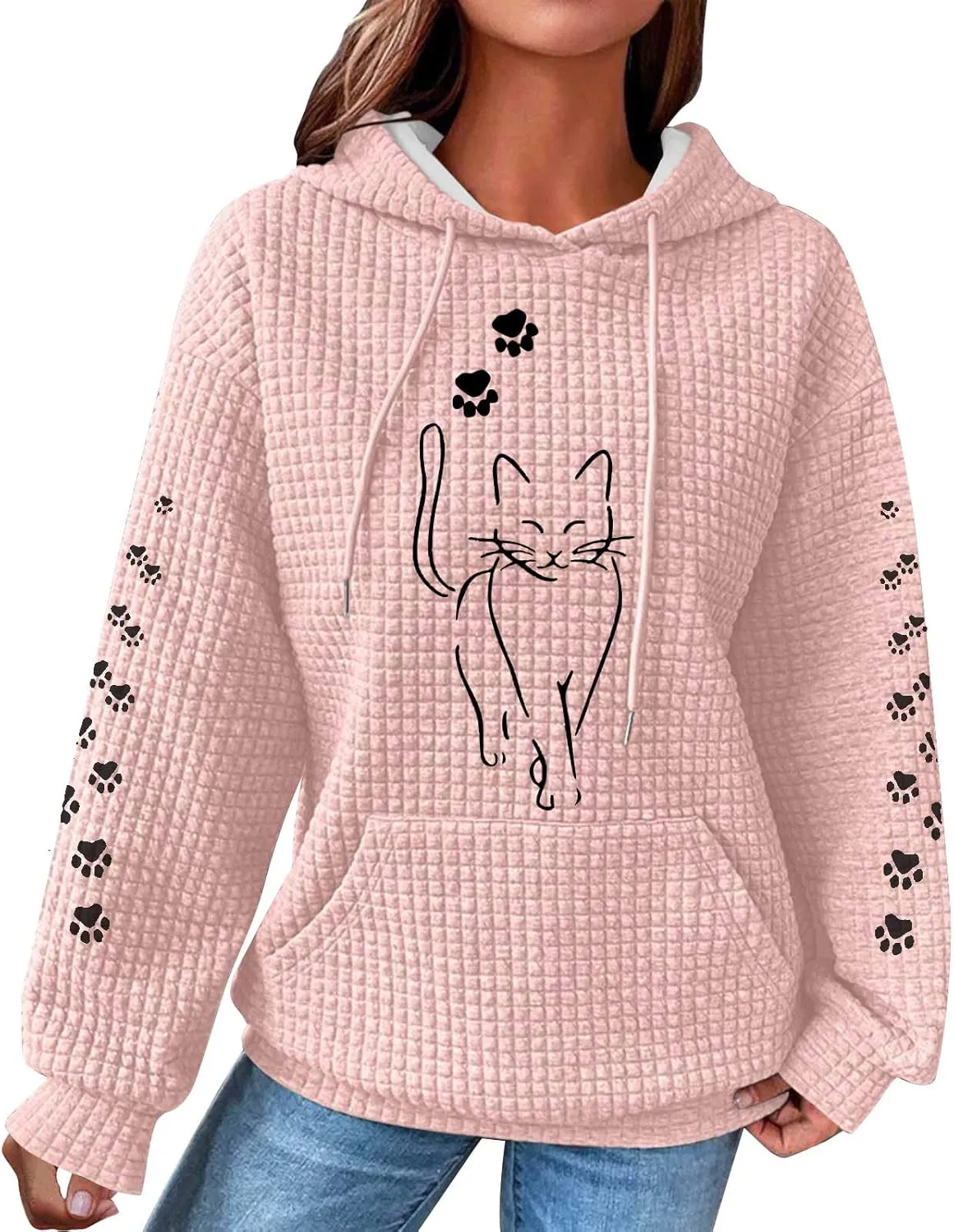 Waffle Knit Hoodies for Women Cute Cat Print Long Sleeve Drawstring Sweatshirt Trendy Loose Fall Pullover Tops with Pocket