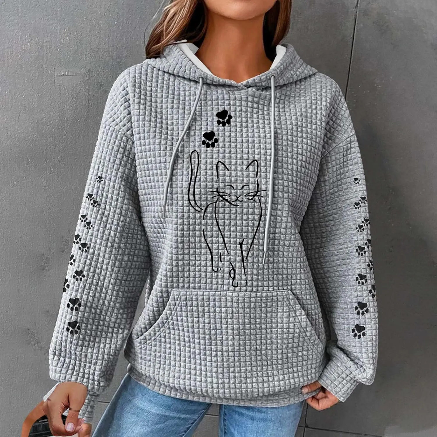 Waffle Knit Hoodies for Women Cute Cat Print Long Sleeve Drawstring Sweatshirt Trendy Loose Fall Pullover Tops with Pocket