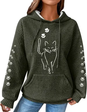 Waffle Knit Hoodies for Women Cute Cat Print Long Sleeve Drawstring Sweatshirt Trendy Loose Fall Pullover Tops with Pocket