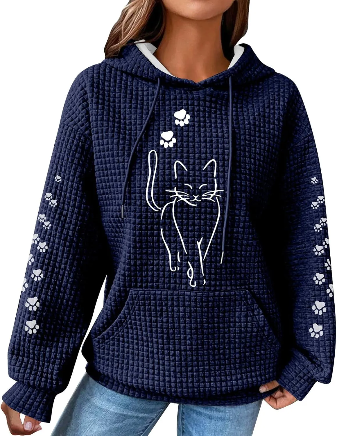 Waffle Knit Hoodies for Women Cute Cat Print Long Sleeve Drawstring Sweatshirt Trendy Loose Fall Pullover Tops with Pocket