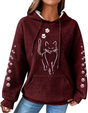 Waffle Knit Hoodies for Women Cute Cat Print Long Sleeve Drawstring Sweatshirt Trendy Loose Fall Pullover Tops with Pocket