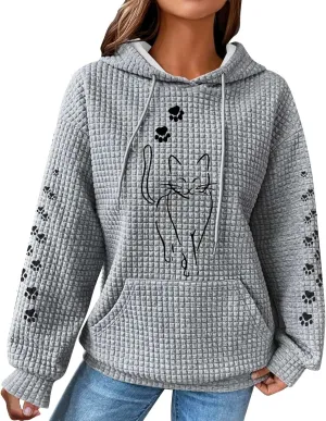 Waffle Knit Hoodies for Women Cute Cat Print Long Sleeve Drawstring Sweatshirt Trendy Loose Fall Pullover Tops with Pocket