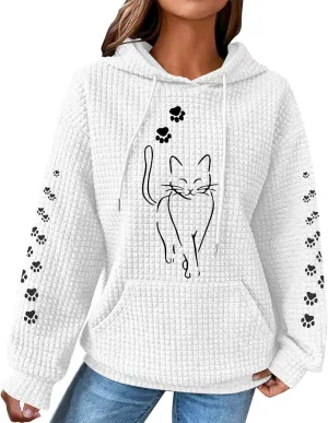 Waffle Knit Hoodies for Women Cute Cat Print Long Sleeve Drawstring Sweatshirt Trendy Loose Fall Pullover Tops with Pocket
