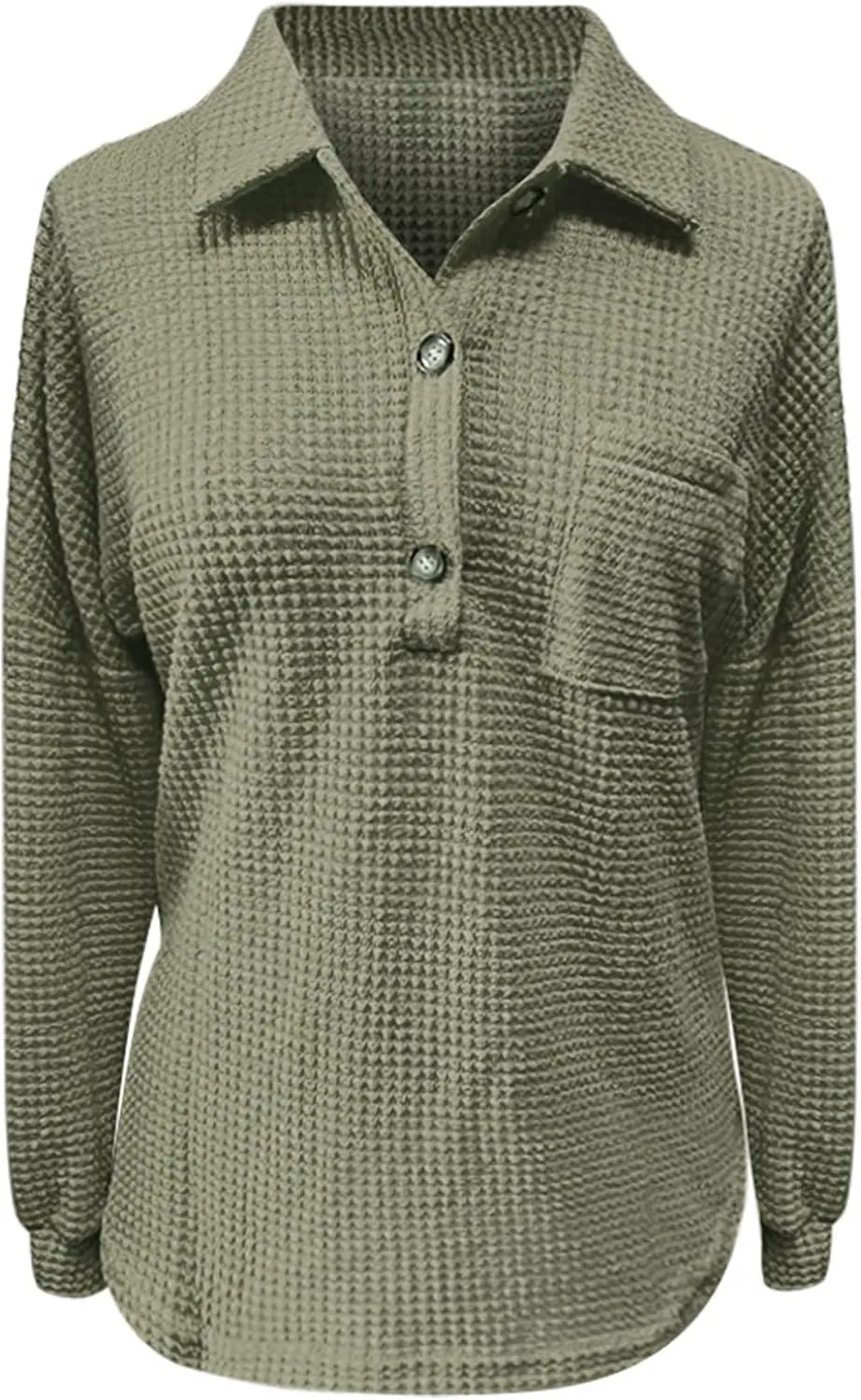 Waffle Knit Tops for Women Casual V Neck Long Sleeve Henley Shirt Solid Color Loose Fit Oversized Tshirts with Pocket