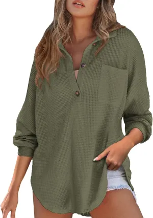 Waffle Knit Tops for Women Casual V Neck Long Sleeve Henley Shirt Solid Color Loose Fit Oversized Tshirts with Pocket
