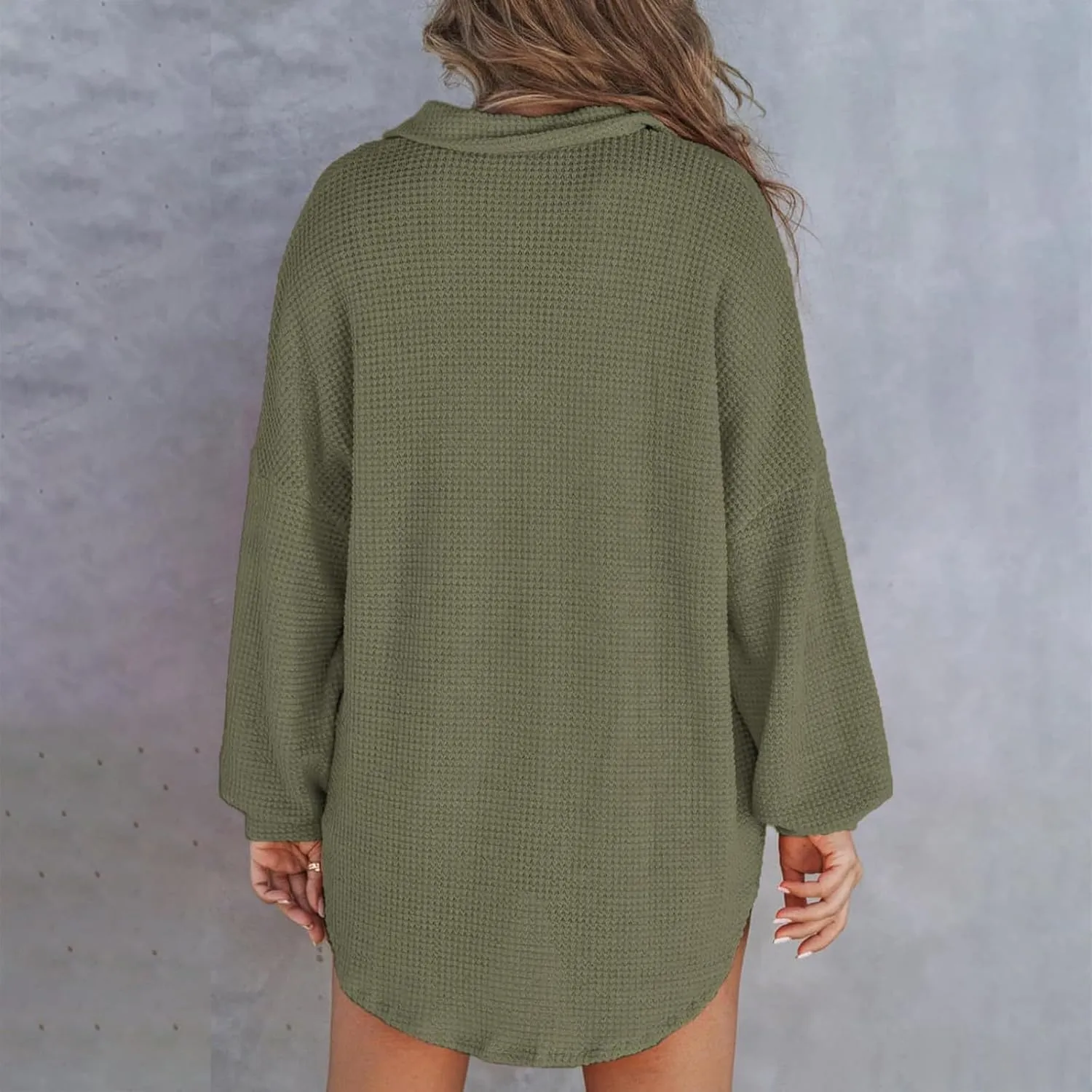 Waffle Knit Tops for Women Casual V Neck Long Sleeve Henley Shirt Solid Color Loose Fit Oversized Tshirts with Pocket