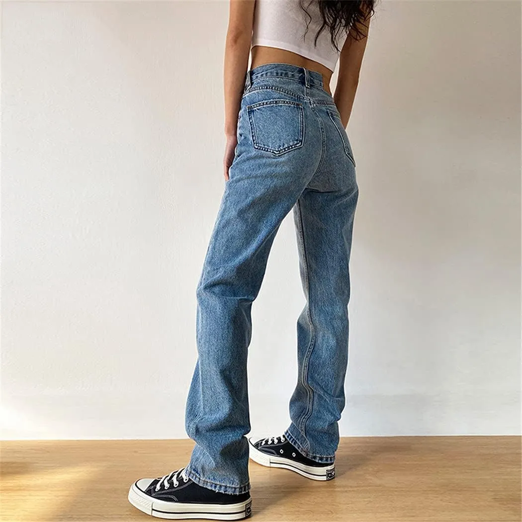Washed Loose High Waist Jeans, Straight Mom Jeans, Women Casual Boyfriends Cowboy Pants, Vintage Wide Leg Trousers