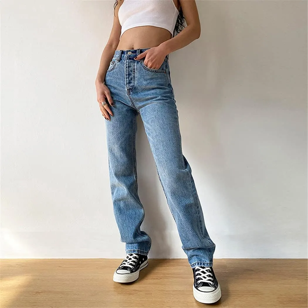 Washed Loose High Waist Jeans, Straight Mom Jeans, Women Casual Boyfriends Cowboy Pants, Vintage Wide Leg Trousers