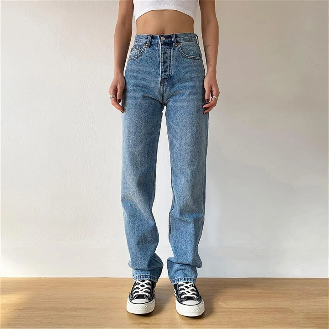 Washed Loose High Waist Jeans, Straight Mom Jeans, Women Casual Boyfriends Cowboy Pants, Vintage Wide Leg Trousers