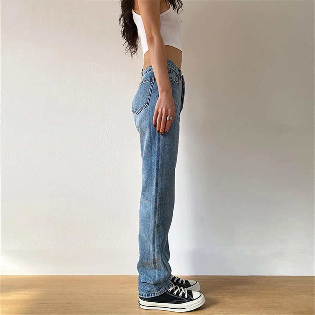 Washed Loose High Waist Jeans, Straight Mom Jeans, Women Casual Boyfriends Cowboy Pants, Vintage Wide Leg Trousers