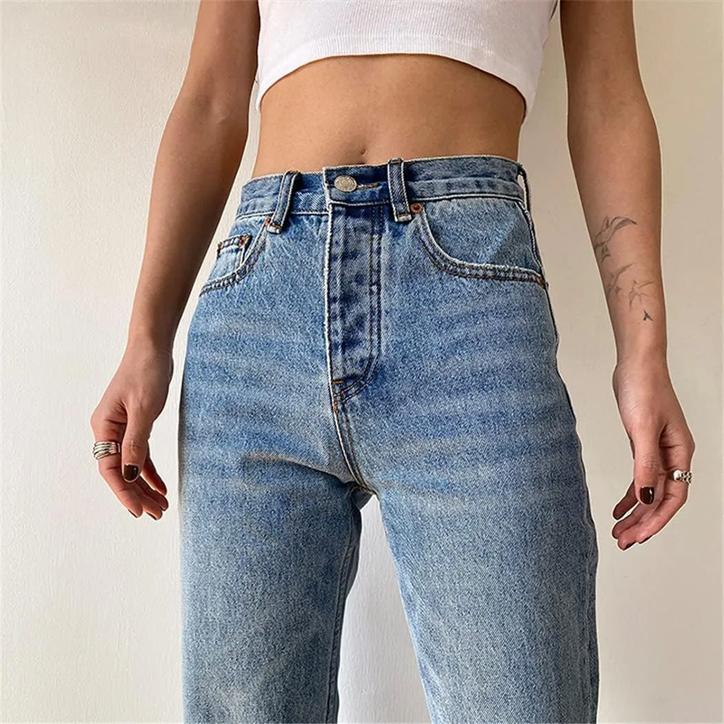 Washed Loose High Waist Jeans, Straight Mom Jeans, Women Casual Boyfriends Cowboy Pants, Vintage Wide Leg Trousers