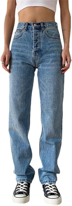 Washed Loose High Waist Jeans, Straight Mom Jeans, Women Casual Boyfriends Cowboy Pants, Vintage Wide Leg Trousers