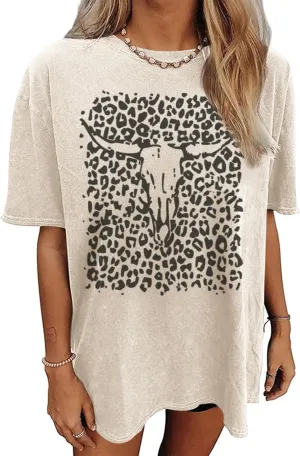 Western Cow Skull Shirts for Women Boho Cowgirl Shirt Vintage Acid Wash Tshirt Oversize Rodeo Graphic Tee Country Top