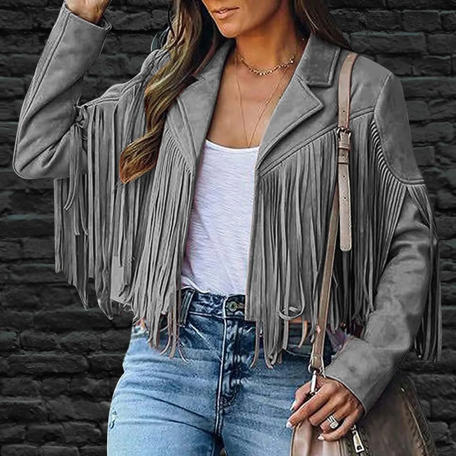Western Jackets for Women Casual Faux Leather Jacket Motorcycle Jacket Fringe Cropped Jacket Tassel Suede Moto Jacket