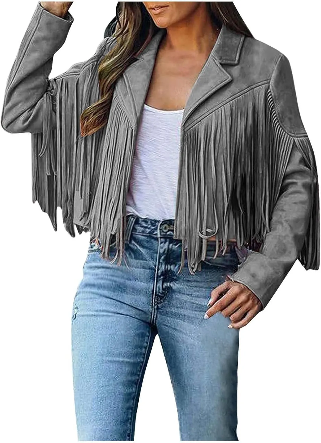 Western Jackets for Women Casual Faux Leather Jacket Motorcycle Jacket Fringe Cropped Jacket Tassel Suede Moto Jacket