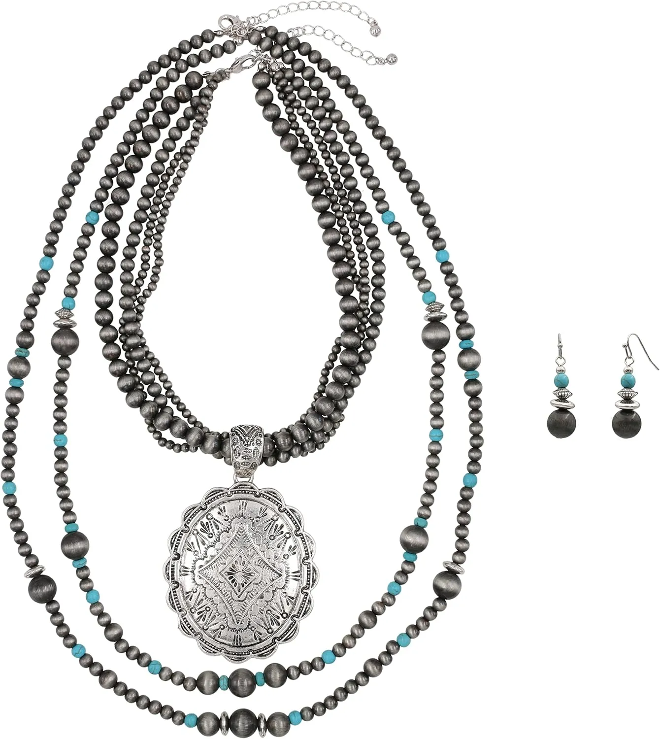 Western Style Faux Navajo Multi-Layer (6 Rows) Chunky Concho Pendant 16 Inch Necklace and Dangle Earrings