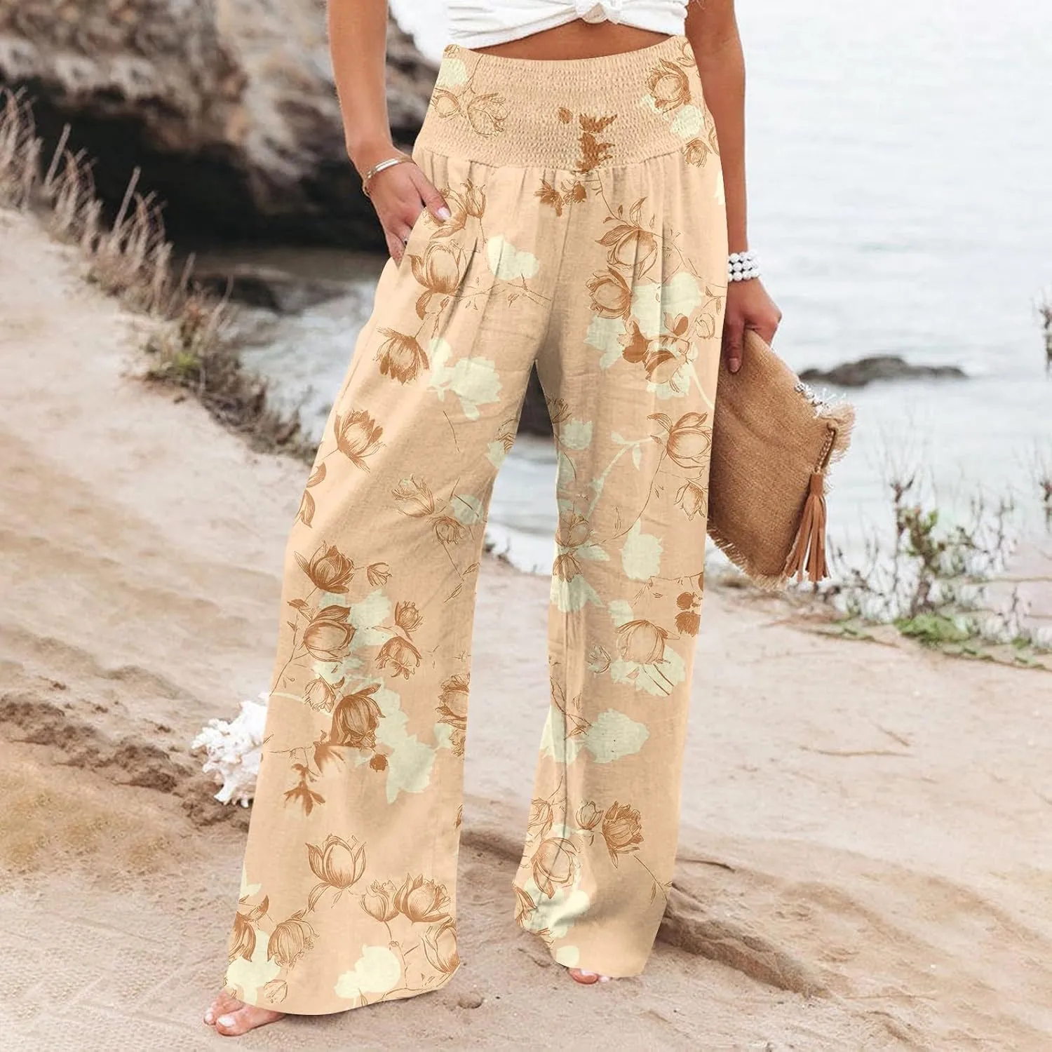 Wide Leg Pants Woman Summer Boho Baggy High Smocked Waist Floral Palazzo Pants Loose Lounge Flowy Trousers Pockets