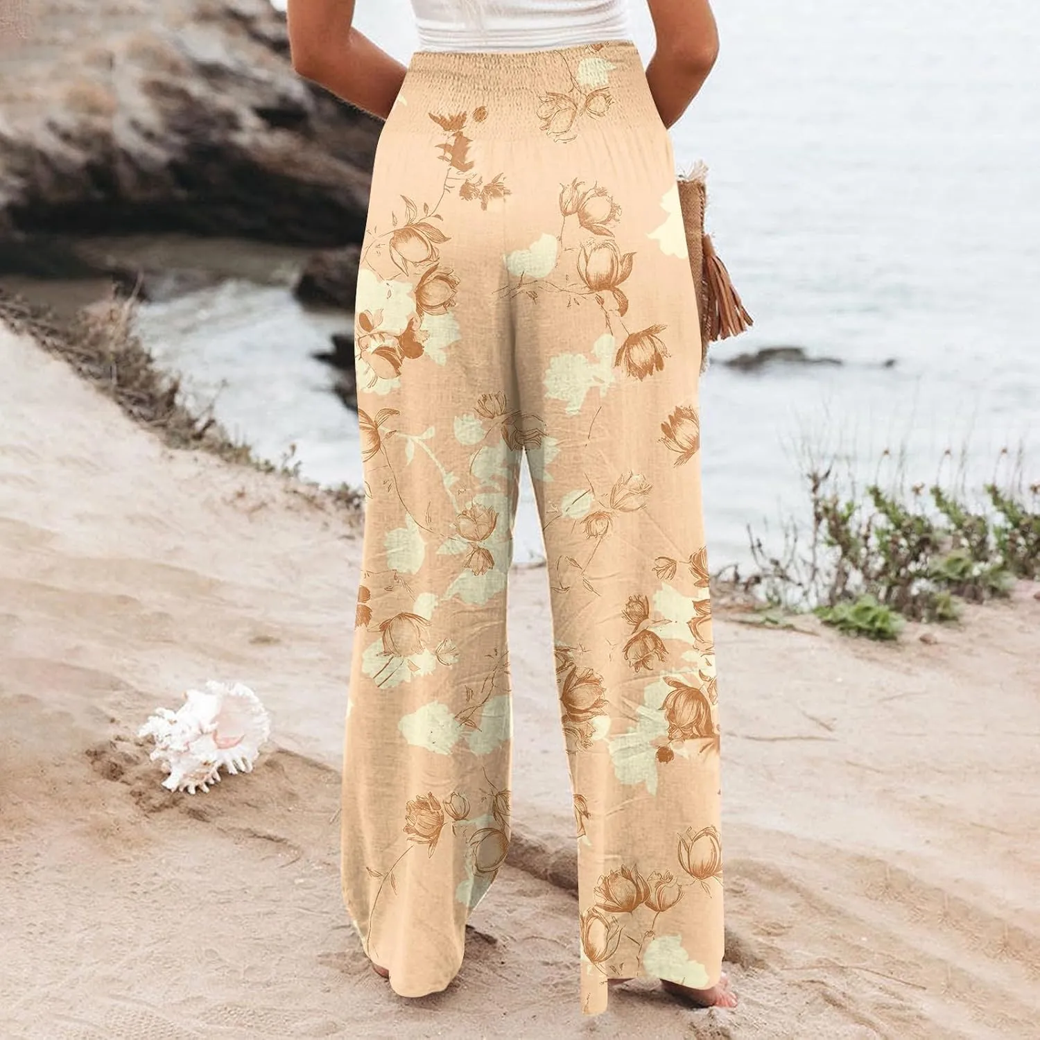 Wide Leg Pants Woman Summer Boho Baggy High Smocked Waist Floral Palazzo Pants Loose Lounge Flowy Trousers Pockets
