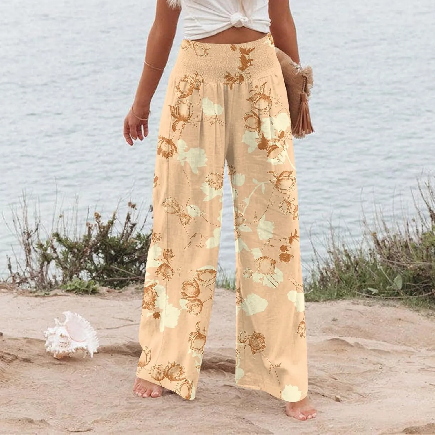 Wide Leg Pants Woman Summer Boho Baggy High Smocked Waist Floral Palazzo Pants Loose Lounge Flowy Trousers Pockets