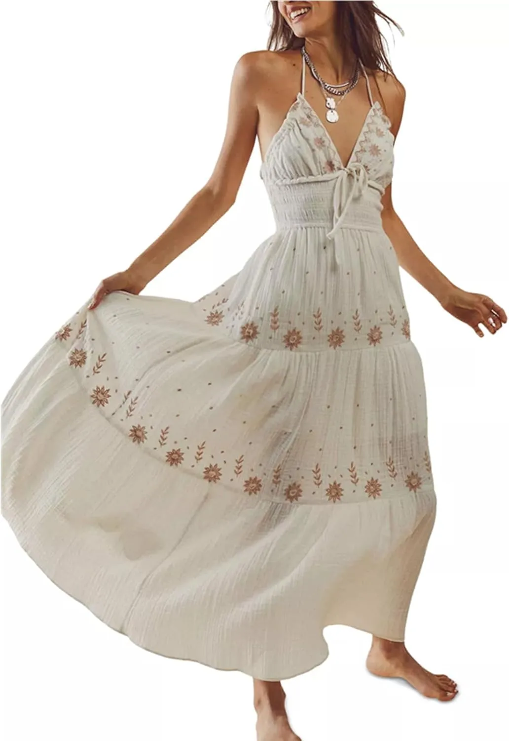 Women Backless Flowy Boho Maxi Dress Sexy Strappy Low Cut Long Dress Casual Tiered Summer Vacation Sundress