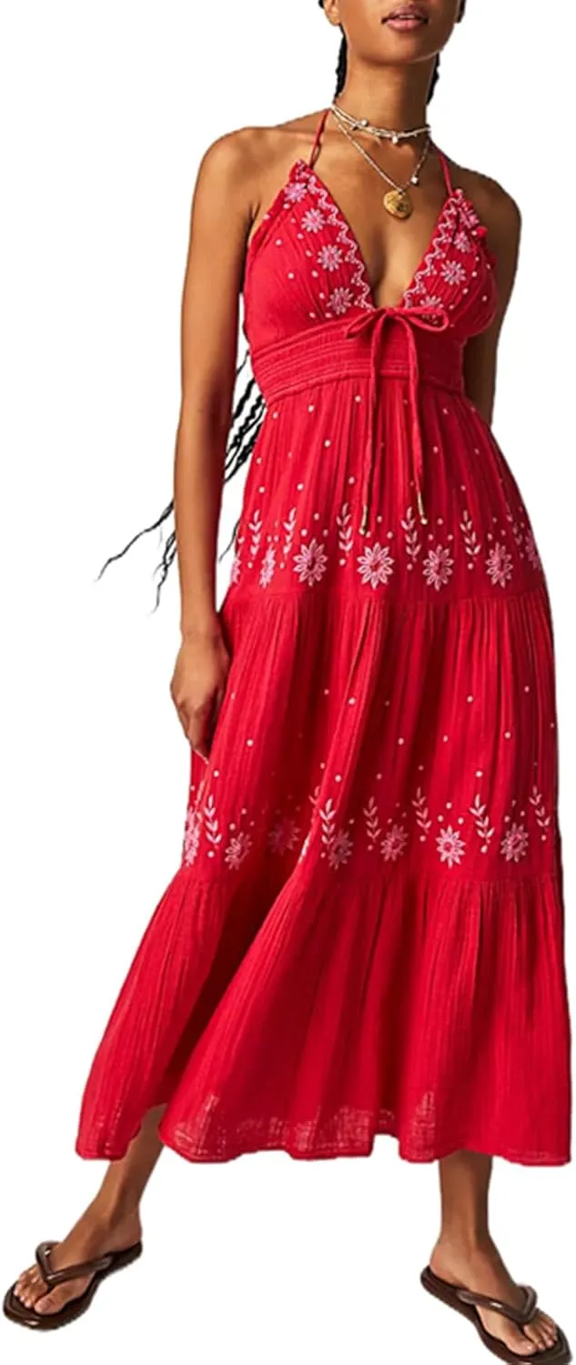 Women Backless Flowy Boho Maxi Dress Sexy Strappy Low Cut Long Dress Casual Tiered Summer Vacation Sundress