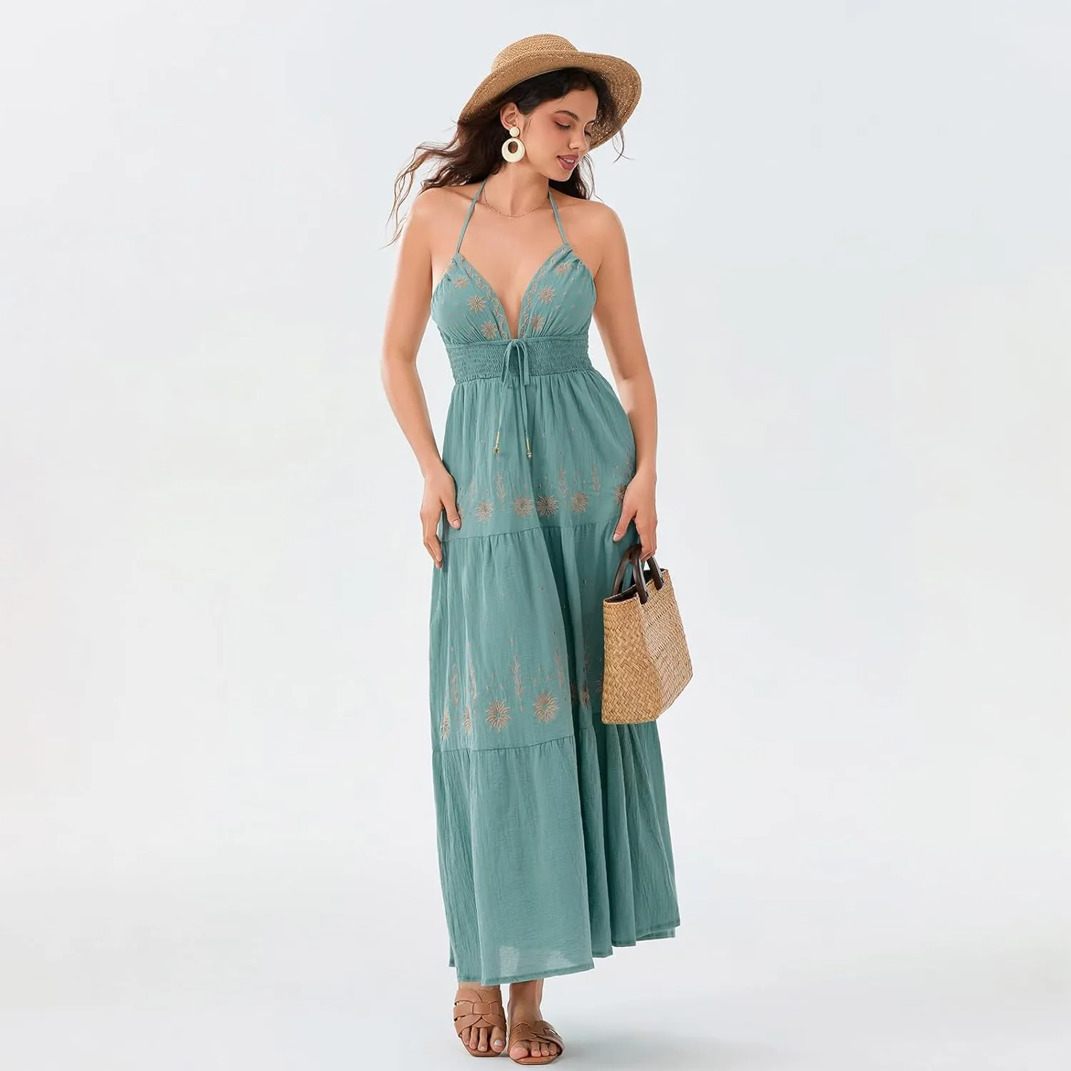 Women Backless Flowy Boho Maxi Dress Sexy Strappy Low Cut Long Dress Casual Tiered Summer Vacation Sundress