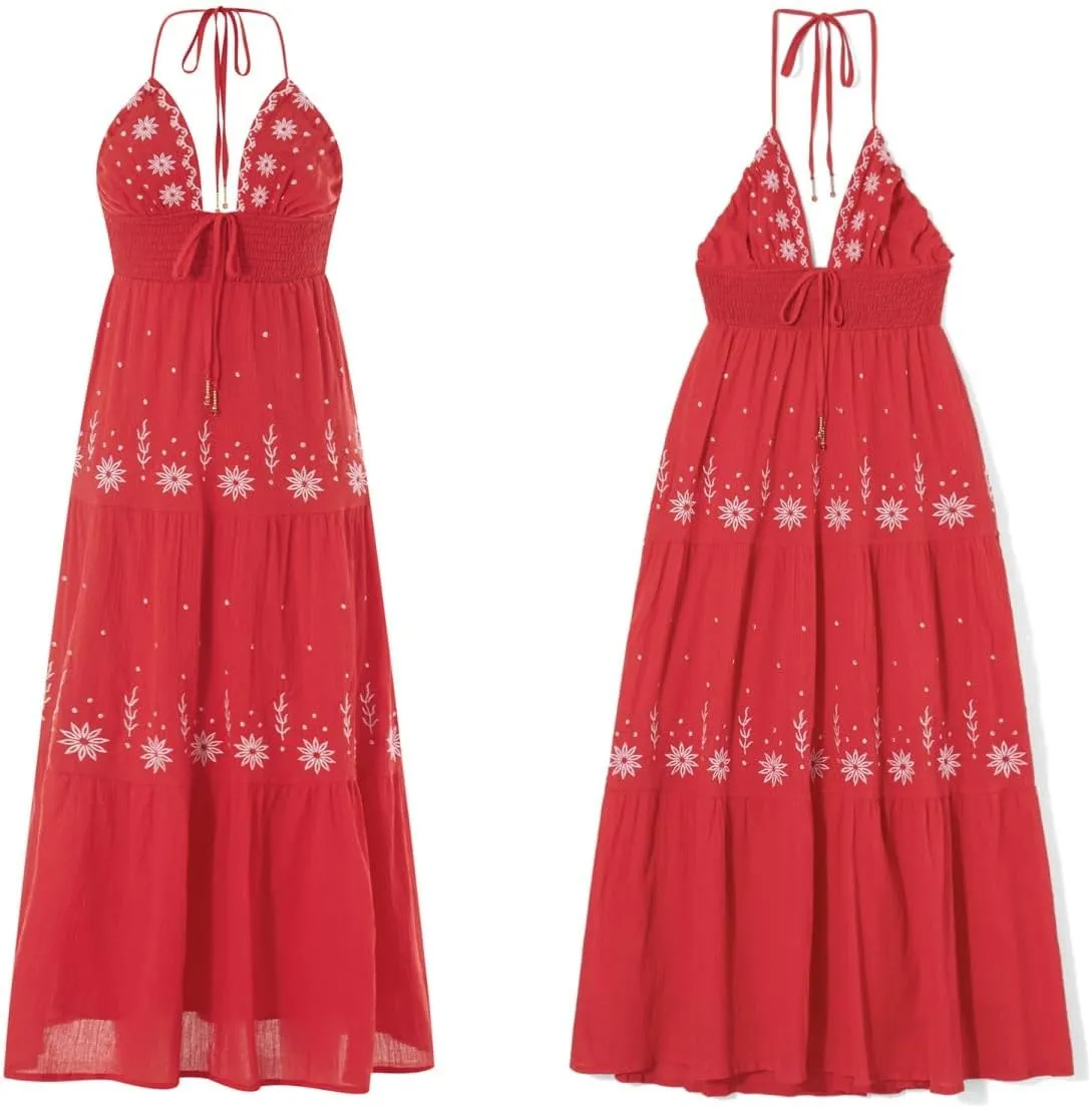 Women Backless Flowy Boho Maxi Dress Sexy Strappy Low Cut Long Dress Casual Tiered Summer Vacation Sundress
