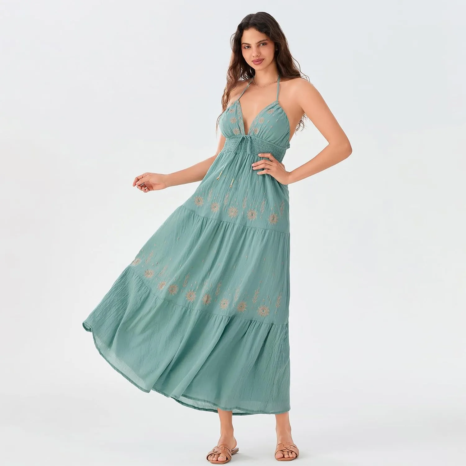 Women Backless Flowy Boho Maxi Dress Sexy Strappy Low Cut Long Dress Casual Tiered Summer Vacation Sundress