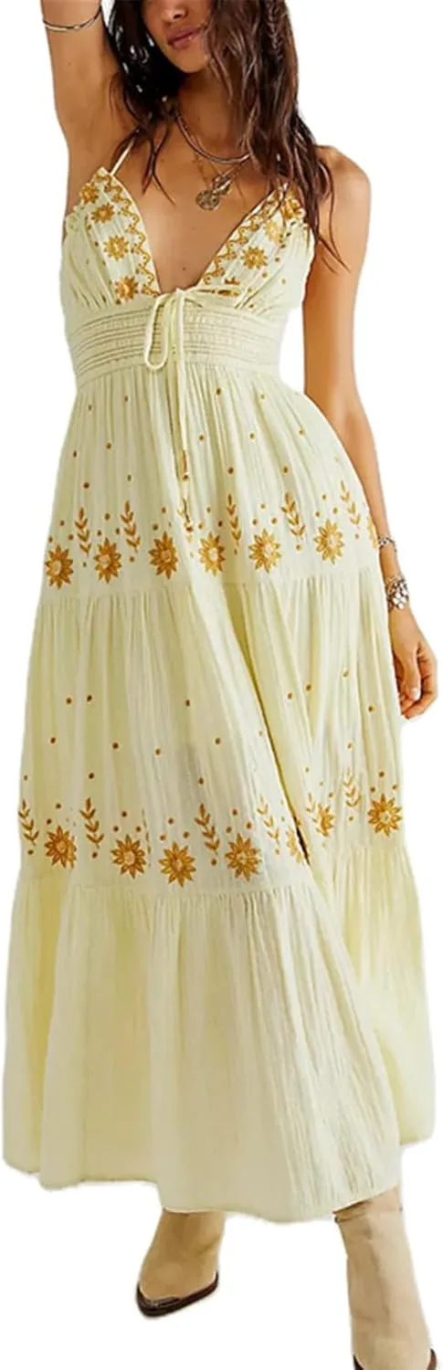 Women Backless Flowy Boho Maxi Dress Sexy Strappy Low Cut Long Dress Casual Tiered Summer Vacation Sundress
