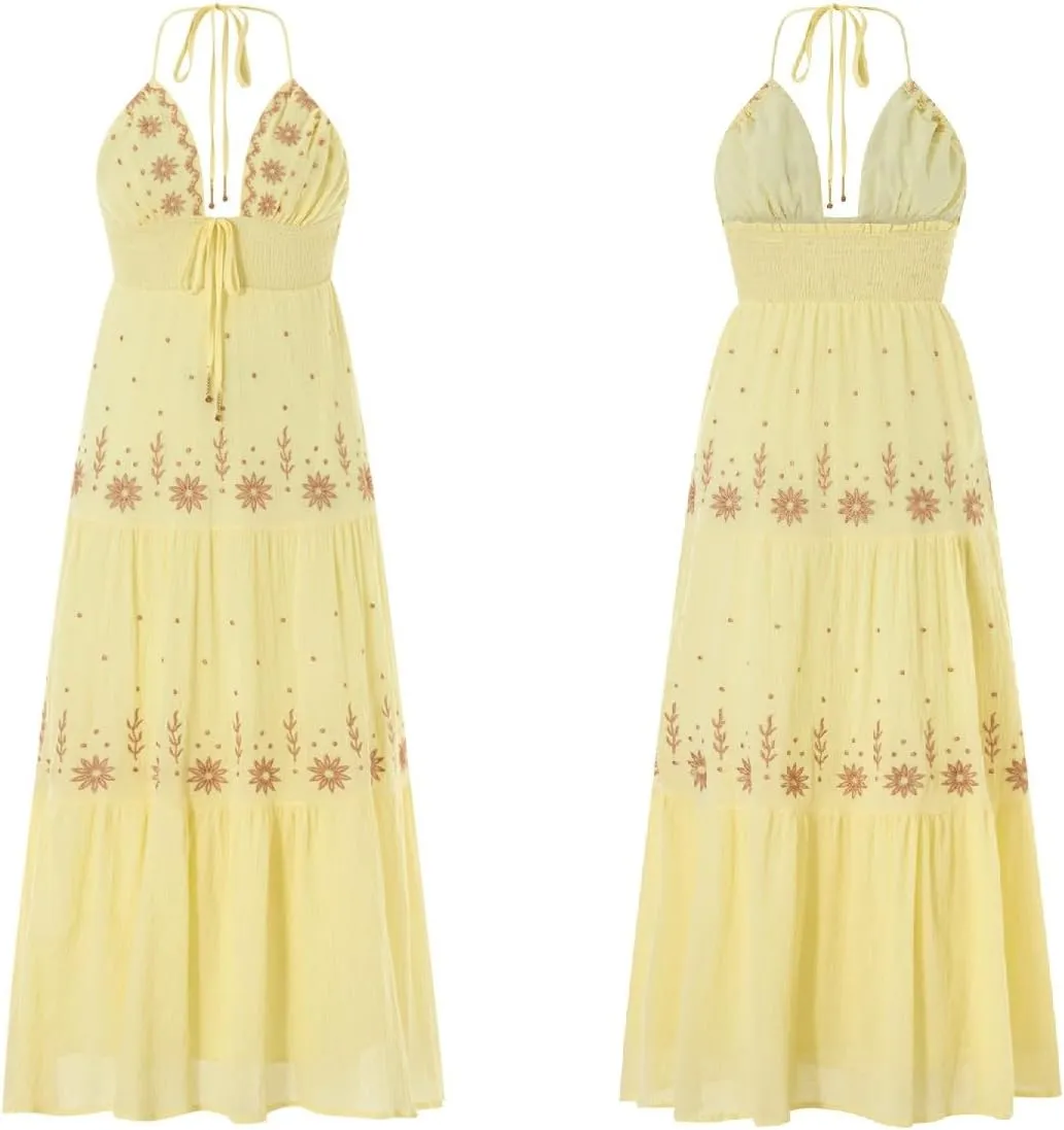 Women Backless Flowy Boho Maxi Dress Sexy Strappy Low Cut Long Dress Casual Tiered Summer Vacation Sundress